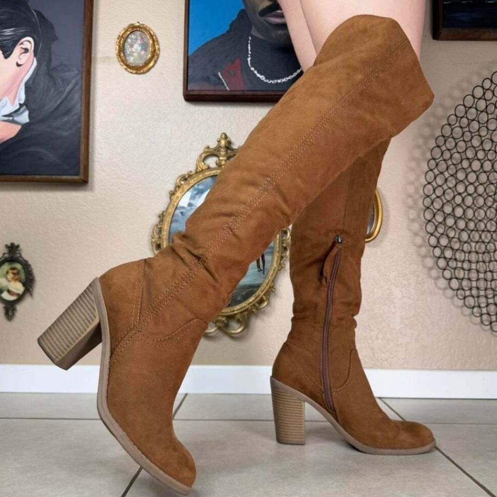 DV by Dolce Vita Brown Western Faux Suede Knee High Block Heel Boots